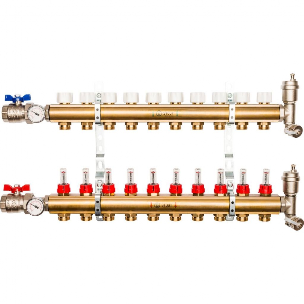 Коллектор латунный для систем напольного отопления с расходомерами на 10 выходов STOUT